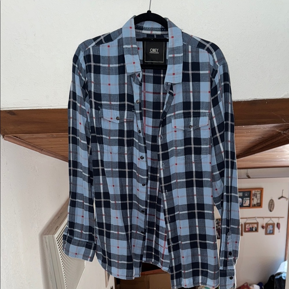 OBEY Blue and Black Plaid Casual Shirt